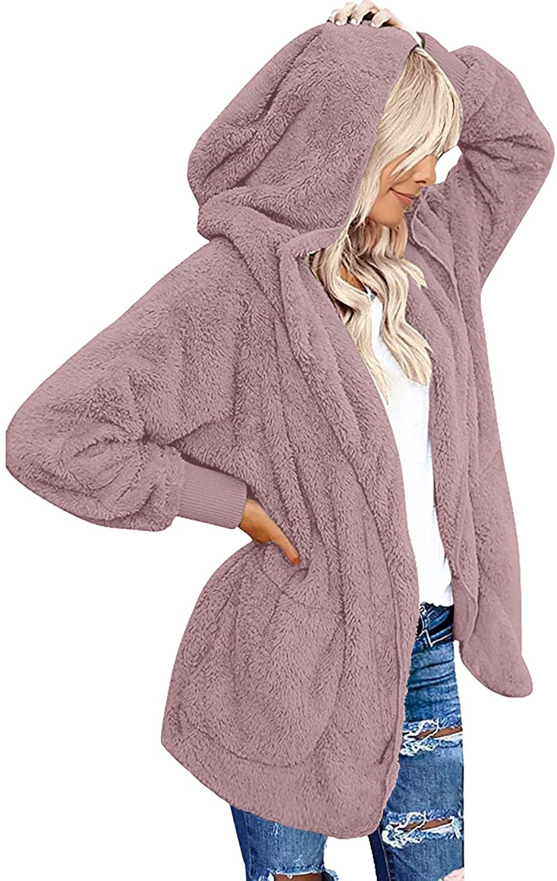 CHICGAL Womens Warm Fleece Fuzzy Jacket Coat Open Front Hooded Cardigan Outwear with Pockets (GrayPurple,2XL) - Image 1