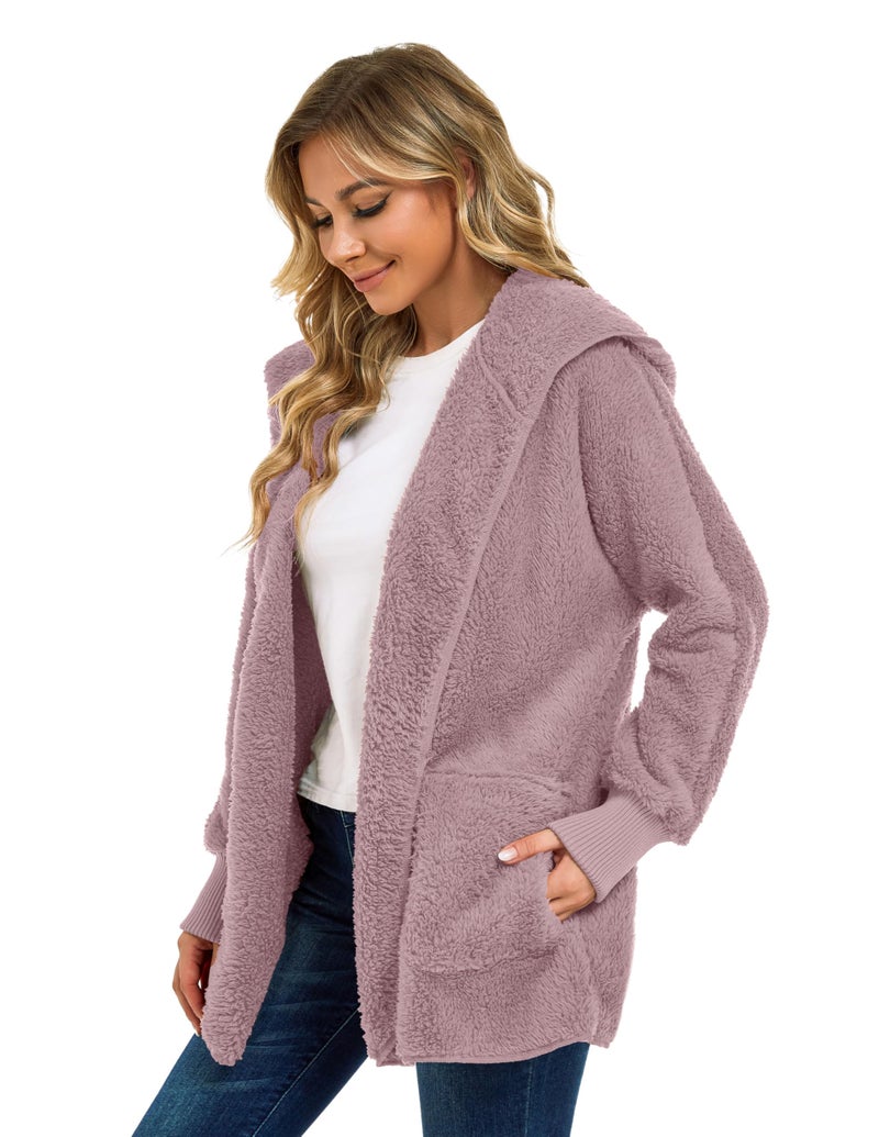 CHICGAL Womens Warm Fleece Fuzzy Jacket Coat Open Front Hooded Cardigan Outwear with Pockets (GrayPurple,2XL) - Image 5