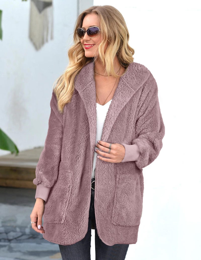 CHICGAL Womens Warm Fleece Fuzzy Jacket Coat Open Front Hooded Cardigan Outwear with Pockets (GrayPurple,2XL) - Image 3