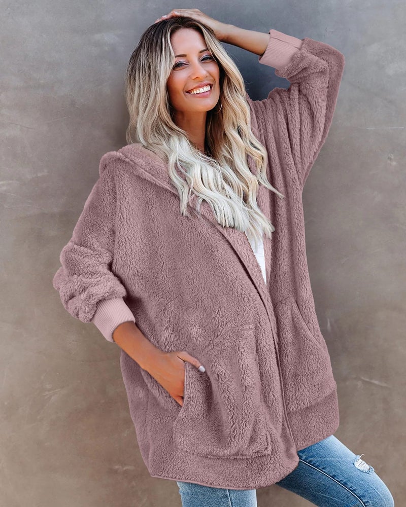 CHICGAL Womens Warm Fleece Fuzzy Jacket Coat Open Front Hooded Cardigan Outwear with Pockets (GrayPurple,2XL) - Image 2