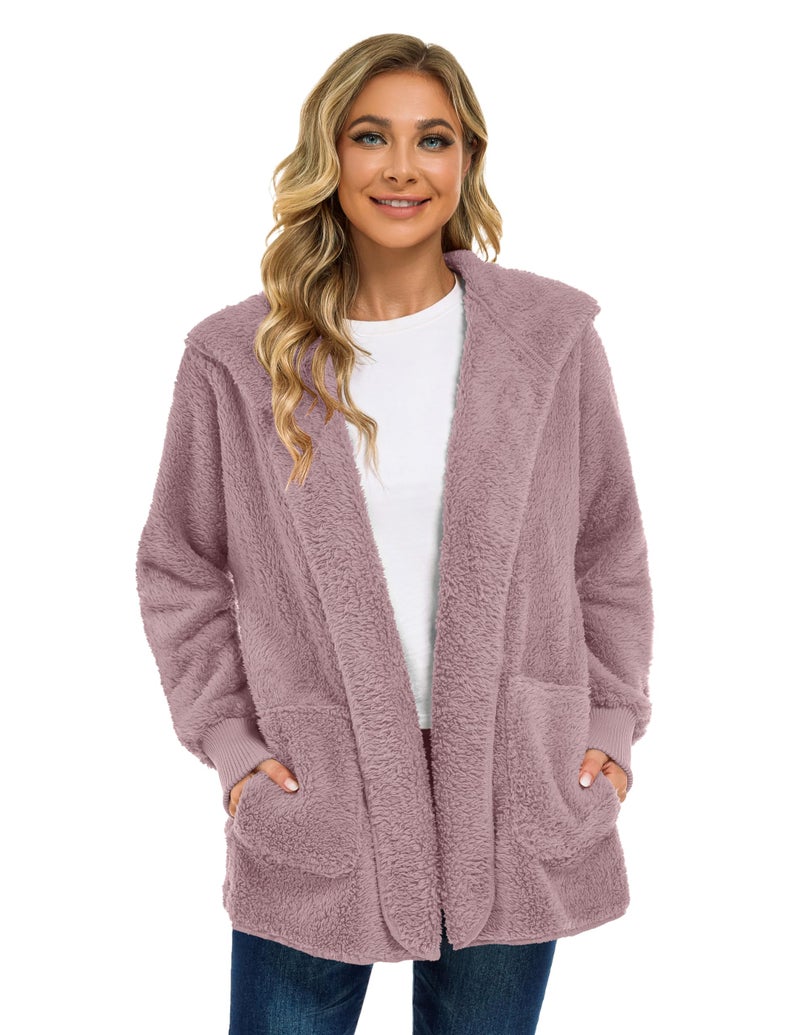 CHICGAL Womens Warm Fleece Fuzzy Jacket Coat Open Front Hooded Cardigan Outwear with Pockets (GrayPurple,2XL) - Image 4