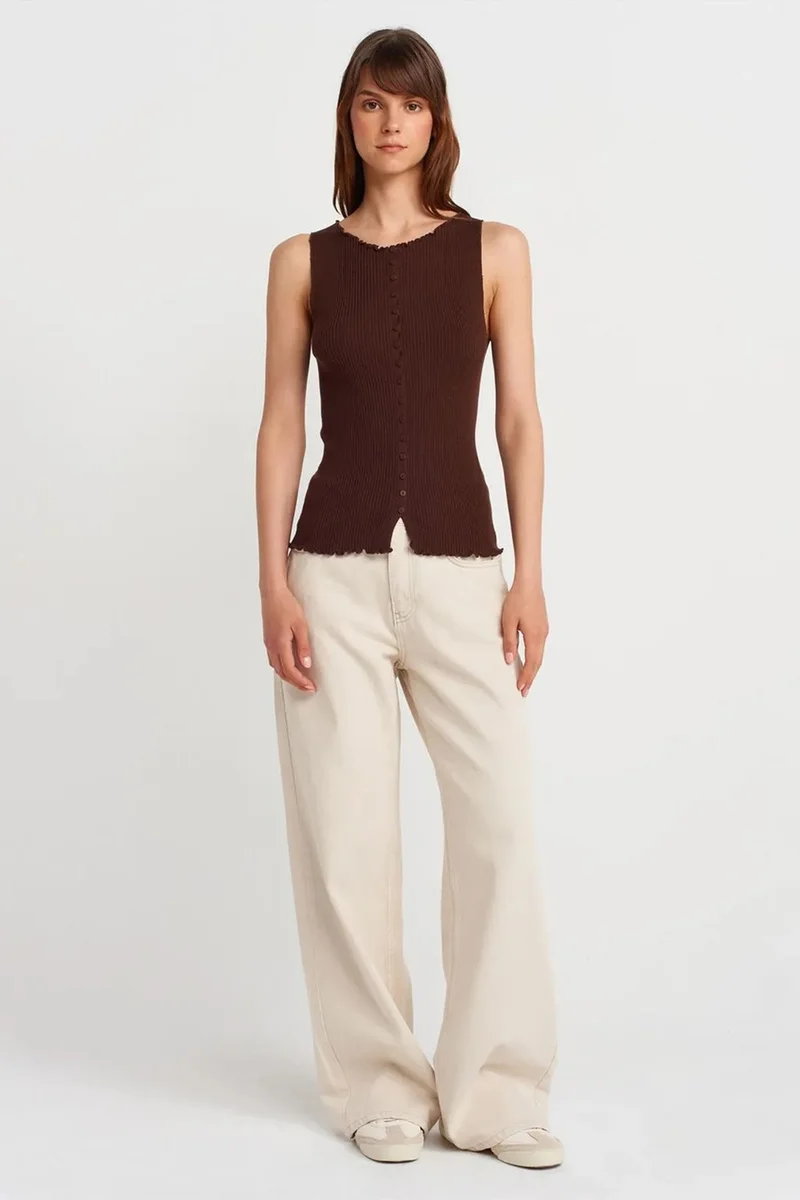 Dilvin Chestnut Brown DILVIN Sleeveless Ribbed Button Cardigan for Women | Best Price UAE