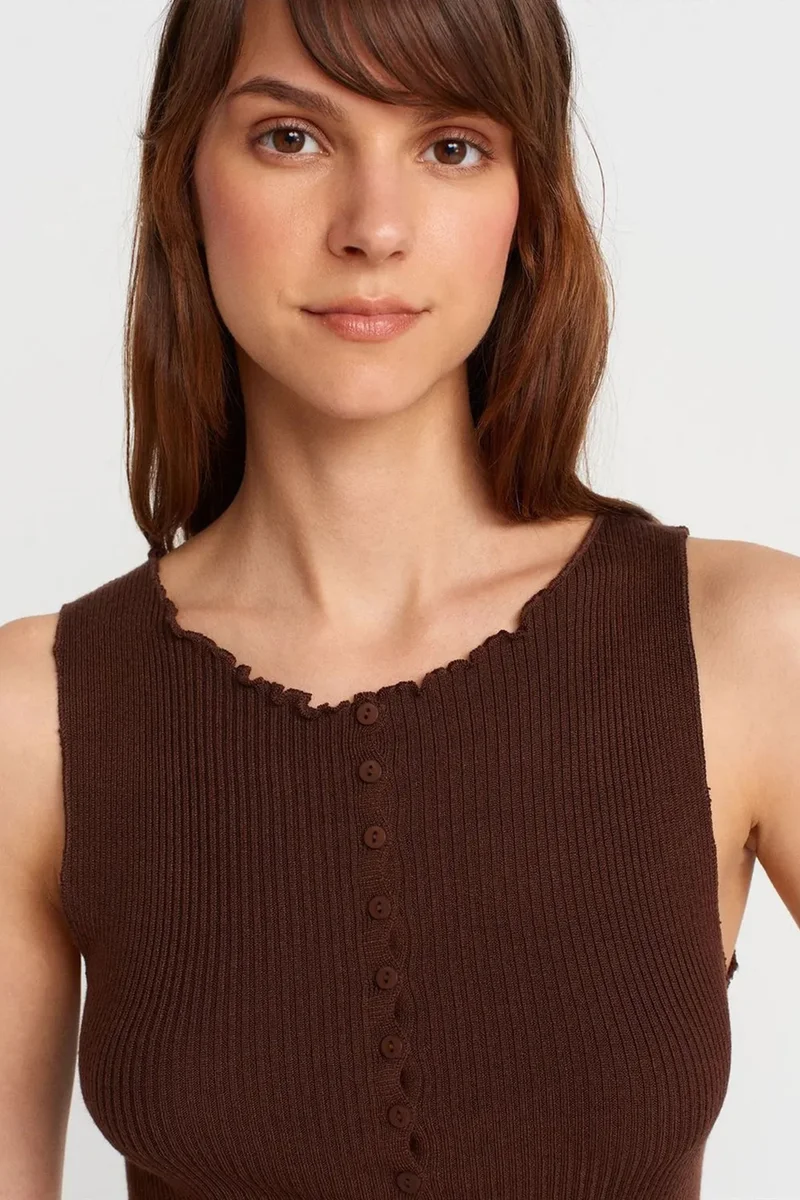 Dilvin Chestnut Brown DILVIN Sleeveless Ribbed Button Cardigan for Women | Best Price UAE
