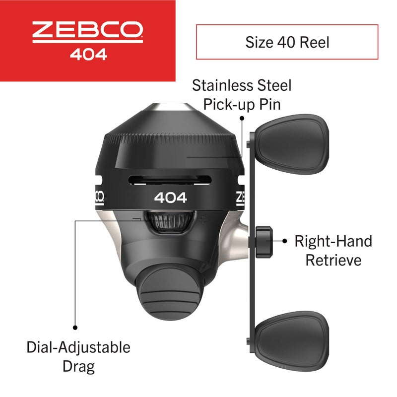 Zebco بكرة صيد زيبكو 404 سبينكاست، حجم 40، استرجاع باليد اليمنى، تنبيه عضّ مدمج، تروس معدنية متينة، دبوس التقاط من الفولاذ المقاوم للصدأ، مسبقة التحميل بخط صيد زيبكو بوزن 15 رطل، أسود - Image 2