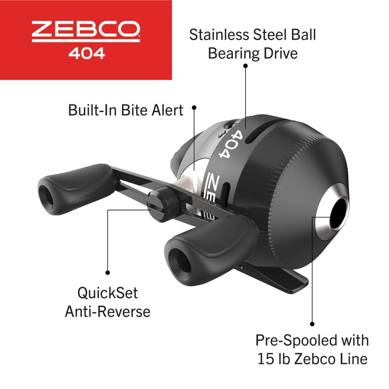 Zebco بكرة صيد زيبكو 404 سبينكاست، حجم 40، استرجاع باليد اليمنى، تنبيه عضّ مدمج، تروس معدنية متينة، دبوس التقاط من الفولاذ المقاوم للصدأ، مسبقة التحميل بخط صيد زيبكو بوزن 15 رطل، أسود - Image 3