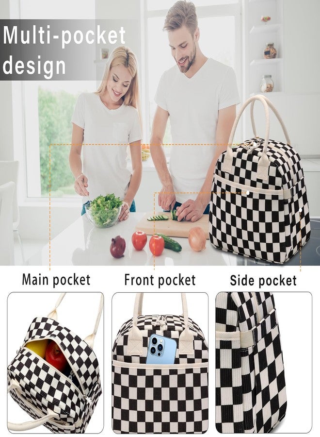 Carry bloom حقيبة غداء Carry bloom للنساء، حقيبة غداء معزولة، حقيبة غداء مخملية لطيفة، حقيبة غداء قابلة لإعادة الاستخدام للعمل (مربعات أسود وأبيض) - Image 3
