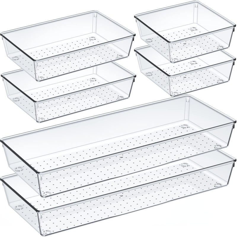 Criusia 6 Pcs Large Size Clear Drawer Organizer Set Acrylic Non Slip Non Cracking Kitchen Drawer Storage Tray Divider Multifunctional Storage for Cosmetics Bathroom Tools Kitchen and Office