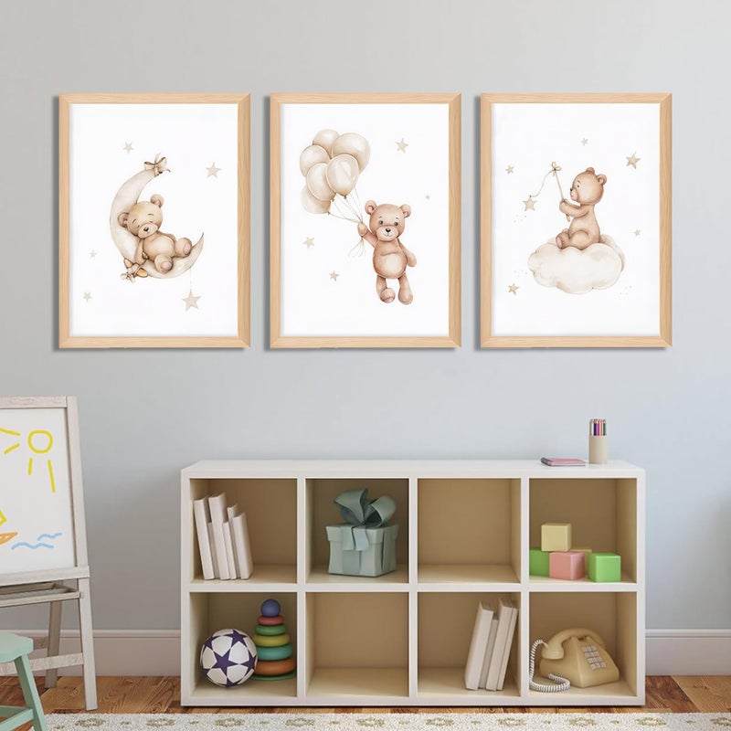BGFCE Framed Teddy Bear Wall Art Nursery Decor Set of 3, Bear Sleeping on The Moon and Stars Pictures Canvas, Neutral Bears Poster Prints Wall Decor for Kids Baby Room Girls Children Room â€“ 12x16 inch - Image 4