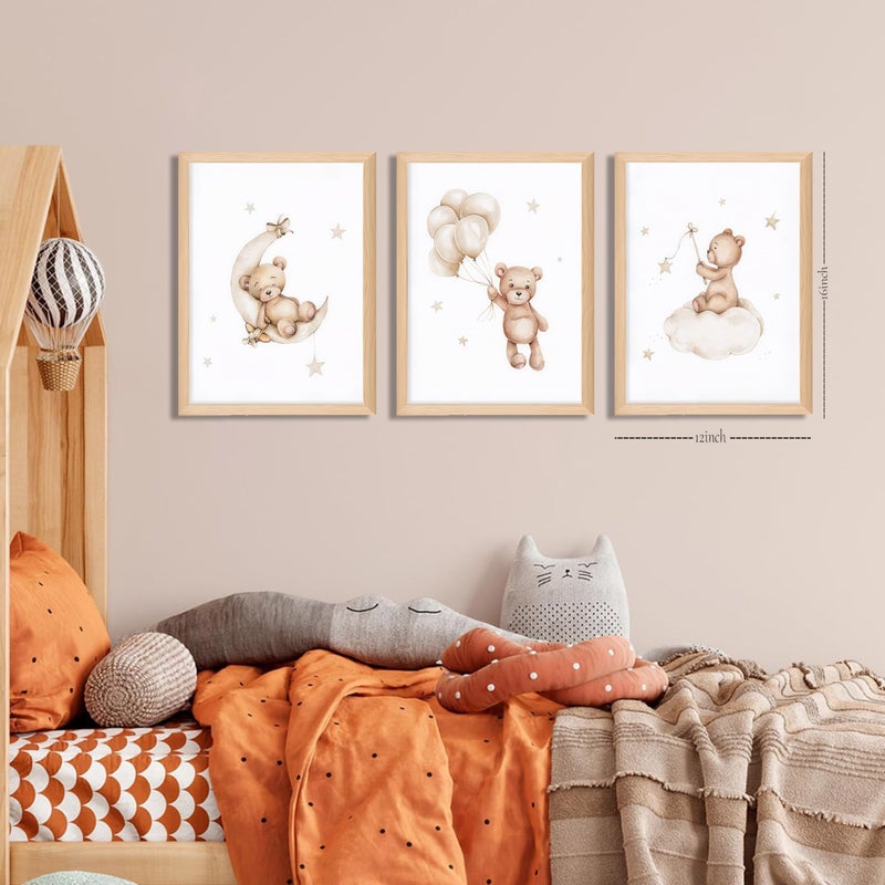 BGFCE Framed Teddy Bear Wall Art Nursery Decor Set of 3, Bear Sleeping on The Moon and Stars Pictures Canvas, Neutral Bears Poster Prints Wall Decor for Kids Baby Room Girls Children Room â€“ 12x16 inch - Image 3