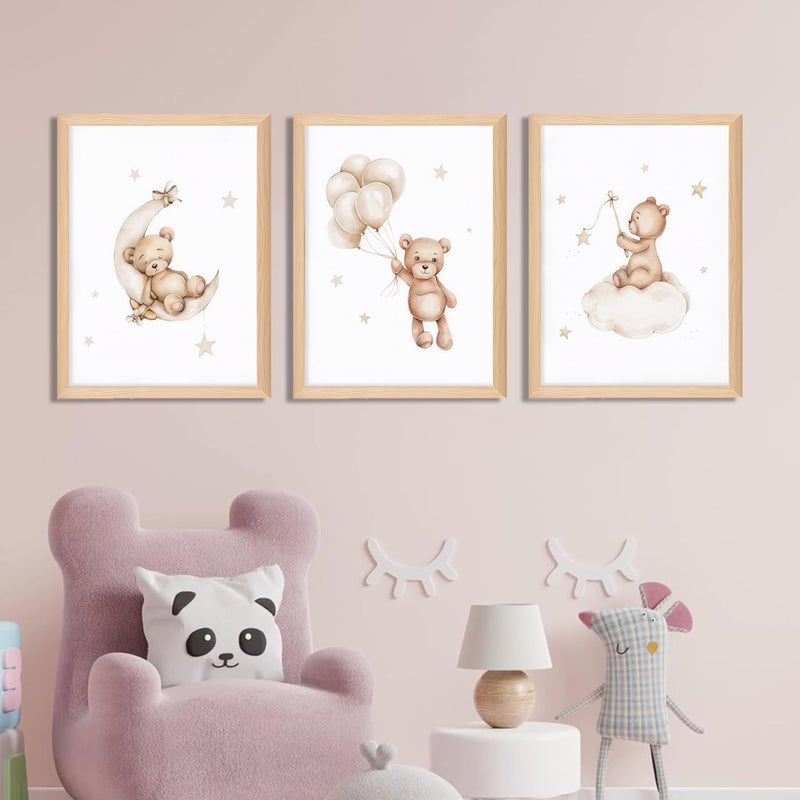 BGFCE Framed Teddy Bear Wall Art Nursery Decor Set of 3, Bear Sleeping on The Moon and Stars Pictures Canvas, Neutral Bears Poster Prints Wall Decor for Kids Baby Room Girls Children Room â€“ 12x16 inch - Image 2