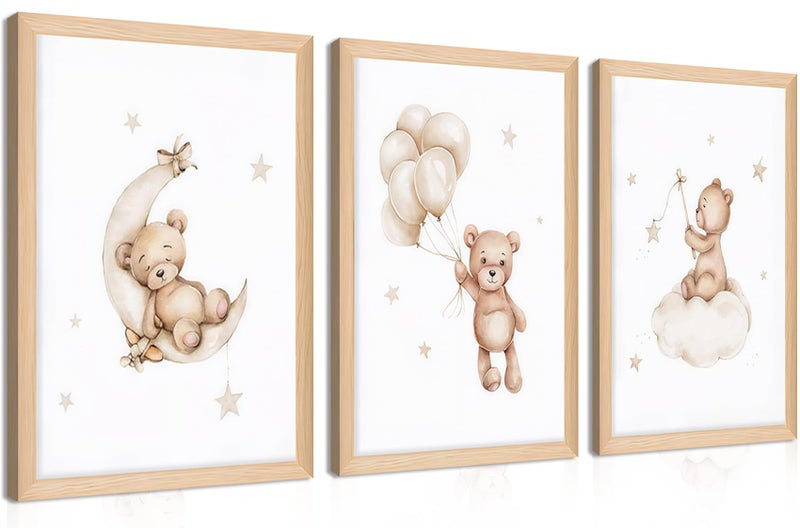 BGFCE Framed Teddy Bear Wall Art Nursery Decor Set of 3, Bear Sleeping on The Moon and Stars Pictures Canvas, Neutral Bears Poster Prints Wall Decor for Kids Baby Room Girls Children Room â€“ 12x16 inch - Image 1