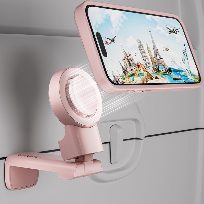 MiiKARE Travel Essentials Magnetic Airplane Phone Holder, Universal Handsfree Phone Mount for Flying with 360 Degree Rotation, Travel Must Haves Phone Stand for Desk, Tray Table, Pink - Image 1