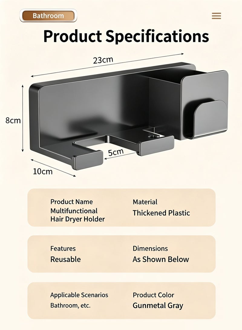 Hair Dryer Holder Punch-Free Multi-Functional Hair Dryer Holder Wall-Mounted Hair Dryer Holder with Storage and Cable Rack Hair Tool Organizer Can Hold Combs, Razors, Scissors Suitable for Bathroom Hair Care (Gray) - Image 2