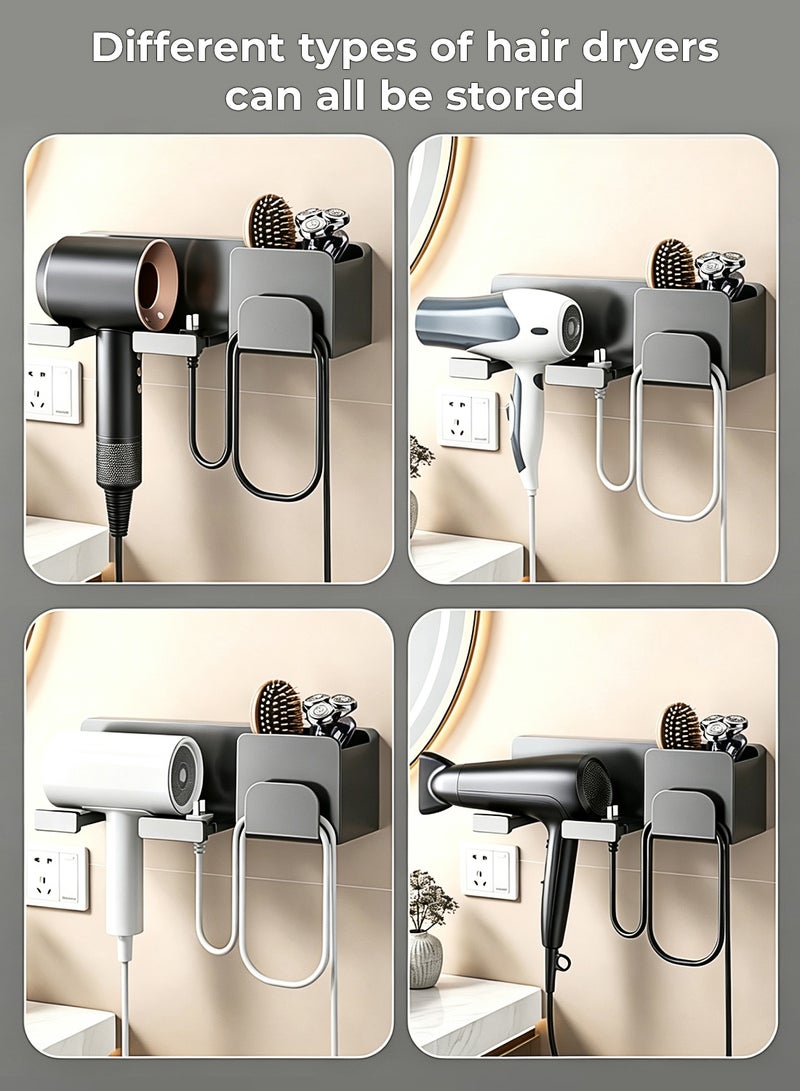 Hair Dryer Holder Punch-Free Multi-Functional Hair Dryer Holder Wall-Mounted Hair Dryer Holder with Storage and Cable Rack Hair Tool Organizer Can Hold Combs, Razors, Scissors Suitable for Bathroom Hair Care (Gray) - Image 3