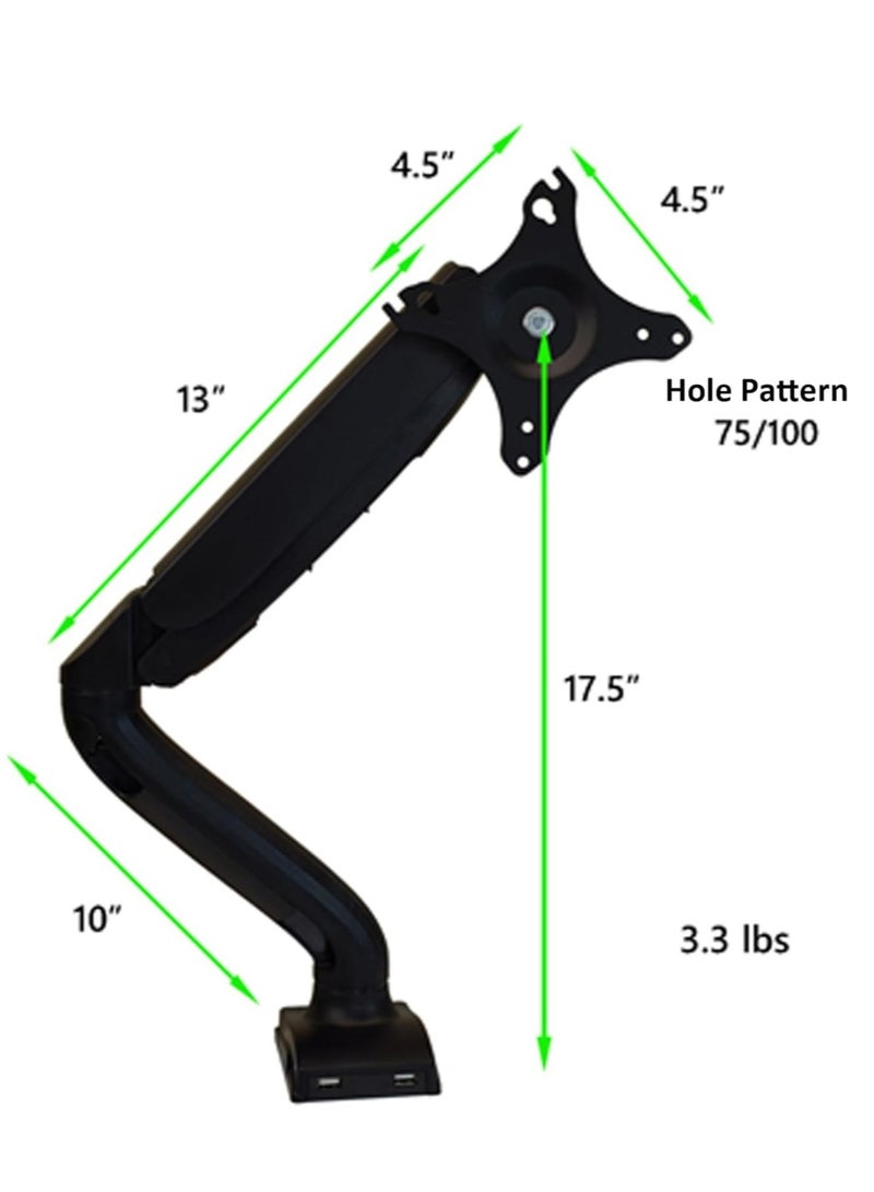 TIGER Single Computer Monitor Arm – Adjustable Height LCD Holder with 2 USB Ports, Swivel, Pan, Tilt, Universal Mount for Sit-Stand Desk, Black  - Image 3