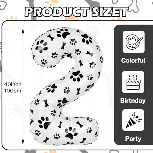 AXBMM 40 Inch Dog Foil Birthday Balloons Black White Dog Paw and Bone Print Number 2 Balloons for Girls Boys 2th Birthday Party DecorationsNumber 2 - Image 5