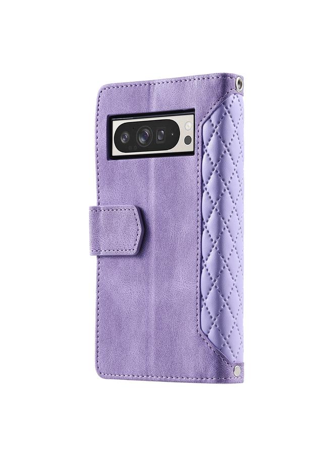 Green Tiger Case For Google Pixel 9 Pro XL Grid Texture Zipper Leather Phone Case with Lanyard - Image 3