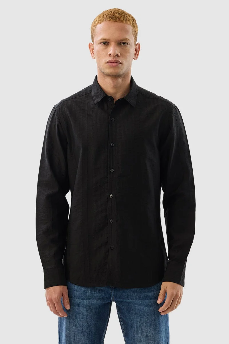 SNITCH Black Textured Long Sleeve Slim Fit Luxe Shirt