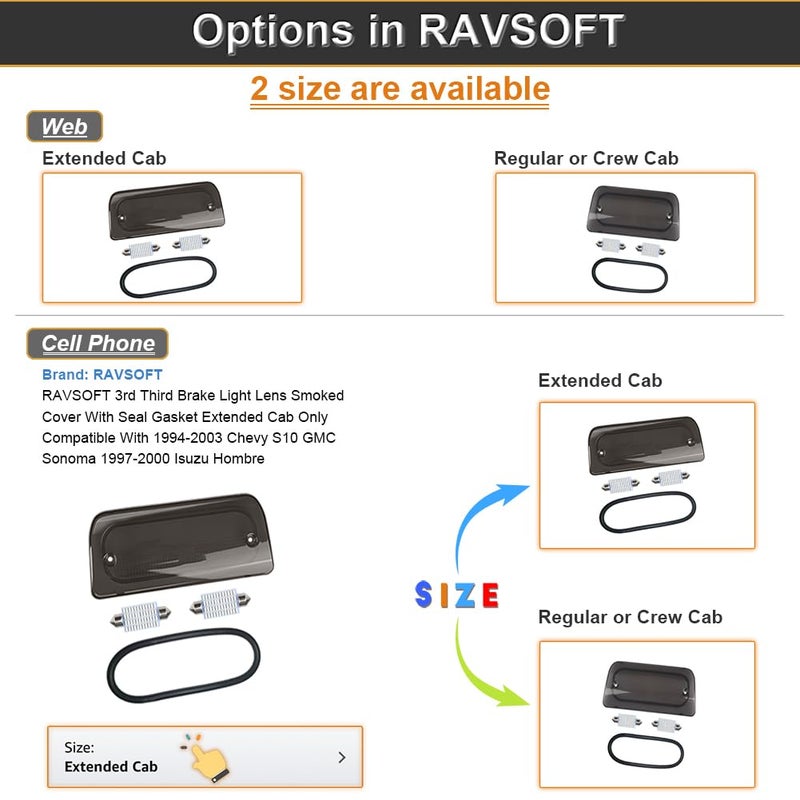 RAVSOFT 3rd Third Brake Light Lens Smoked Cover with Seal Gasket Extended Cab Only Compatible with 1994-2003 Chevy S10 GMC Sonoma 1997-2000 Isuzu Hombre High Mount Stop Lamp Assembly - Image 3