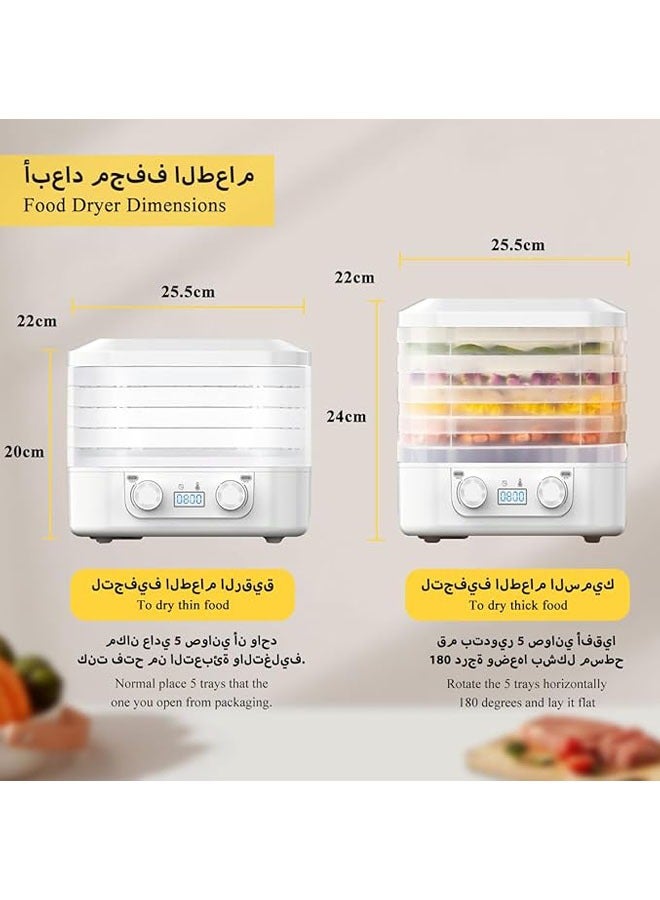 مجفف طعام كهربائي مع 5 طبقات من الصواني، مجفف فواكه، آلة تجفيف الخضروات، سعة قوية، مجفف تجميد، التحكم في درجة الحرارة، مؤقت قابل للتعديل للفواكه والخضروات واللحوم والحيوانات الأليفة والوجبات الخفيفة  - Image 5