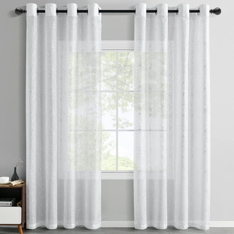 TERLYTEX Silver White Sheer Curtains 96 Inch Length Metallic Silver Foil Dots Printed Glitter Sheer Curtains for Living Room Privacy Grommet Shimmer Curtains 2 - Image 2