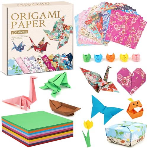 AluAbi Japanese Origami Paper Kit,100 Sheets Japanese Patterns & 400 Sheets Double Sided Color Origami Paper,DIY Arts Crafts Scrapbook Folding Paper Set for Kids Ages 5-8 8-12,Gift for Kids Boys Girls - Image 1