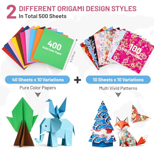 AluAbi Japanese Origami Paper Kit,100 Sheets Japanese Patterns & 400 Sheets Double Sided Color Origami Paper,DIY Arts Crafts Scrapbook Folding Paper Set for Kids Ages 5-8 8-12,Gift for Kids Boys Girls - Image 2
