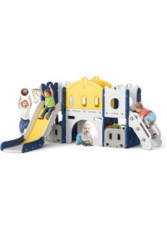 Rainbow Toys Hapsor 7 in 1 Toddler Slide, Large Kids Slide with Long Aisle, Climber, Basketball Hoop, Tunnel, and Storage Space, Outdoor Indoor Slide Playset for Toddlers 1-3, Blue  - Image 1