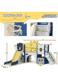 Rainbow Toys Hapsor 7 in 1 Toddler Slide, Large Kids Slide with Long Aisle, Climber, Basketball Hoop, Tunnel, and Storage Space, Outdoor Indoor Slide Playset for Toddlers 1-3, Blue  - Image 3