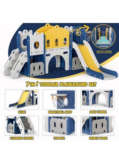 Rainbow Toys Hapsor 7 in 1 Toddler Slide, Large Kids Slide with Long Aisle, Climber, Basketball Hoop, Tunnel, and Storage Space, Outdoor Indoor Slide Playset for Toddlers 1-3, Blue  - Image 4