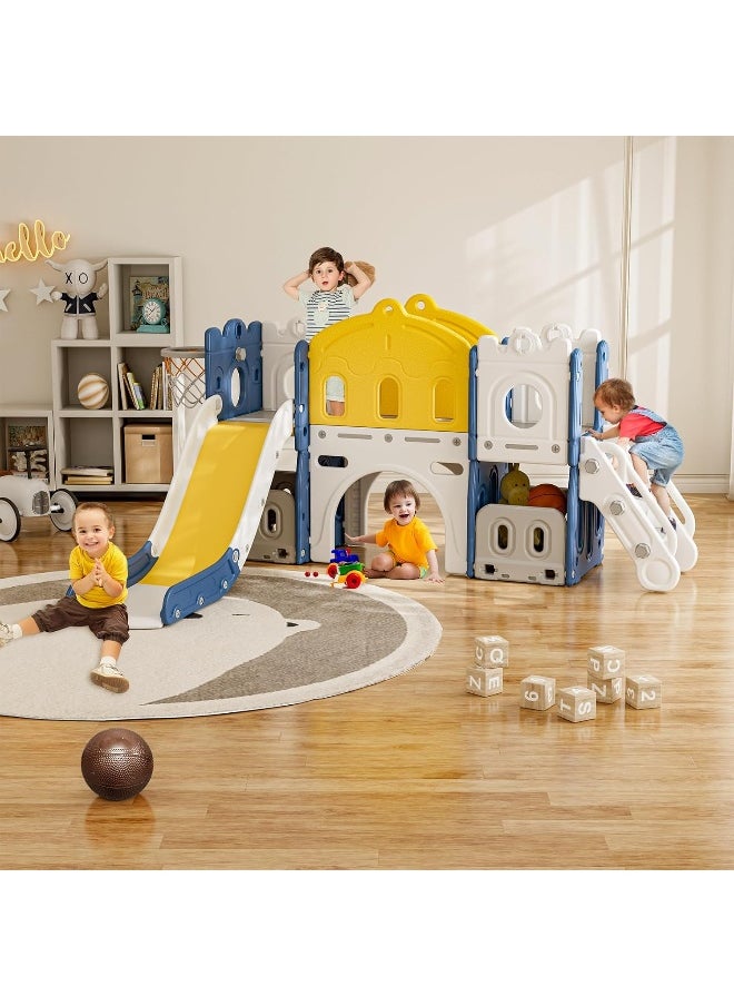 Rainbow Toys - زحليقة هابسور 7 في 1 للأطفال الصغار، زحليقة كبيرة للأطفال بممر طويل، ومتسلق، وحلقات كرة سلة، ونفق، ومساحة تخزين، مجموعة ألعاب زحليقة داخلية وخارجية للأطفال الصغار من سن 1 إلى 3 سنوات، باللون الأزرق - Image 1