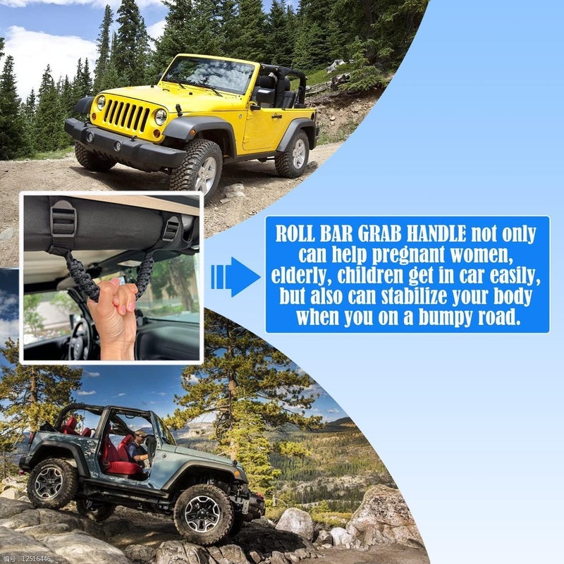 ROMASO Roll Bar Grab Handles for Jeep Wrangler YJ TJ JK JKU JL JLU (1987-2024) - Black Paracord Grab Handle - Image 3