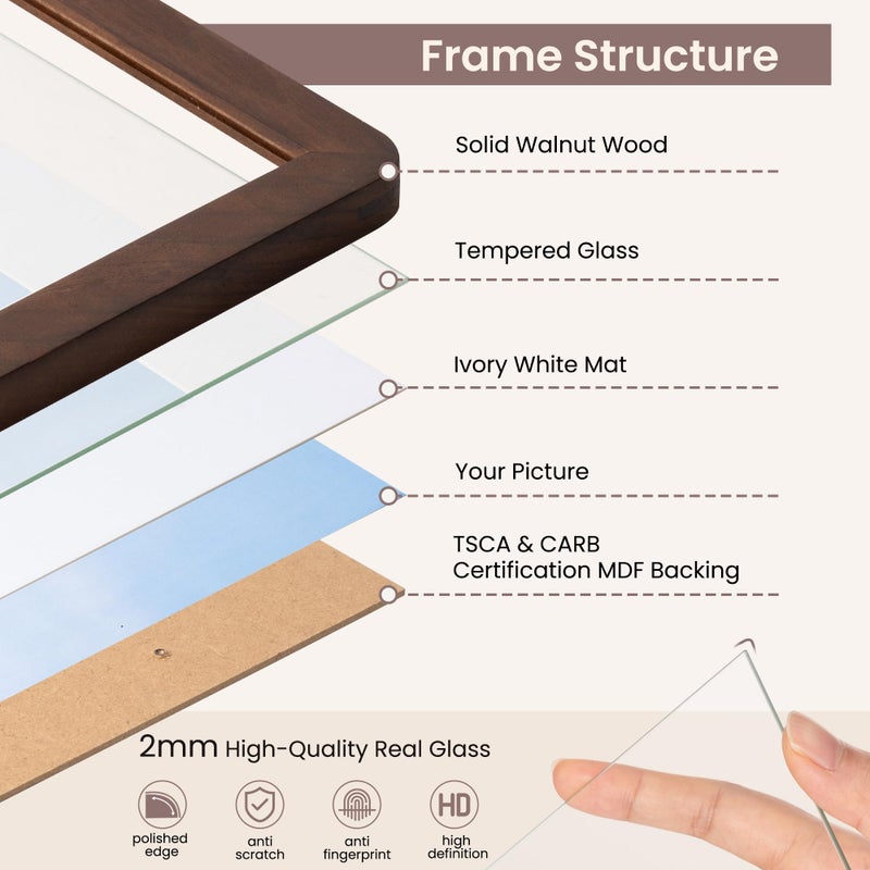FLYJOE 11x14 Picture Frame - Solid Walnut Wood Frame With Mat For 8x10, 11x14 Poster Frame, Plexiglas and Hanging Hardware Included, 11 By 14 Picture Frame Wood, Natural Walnut - Image 5
