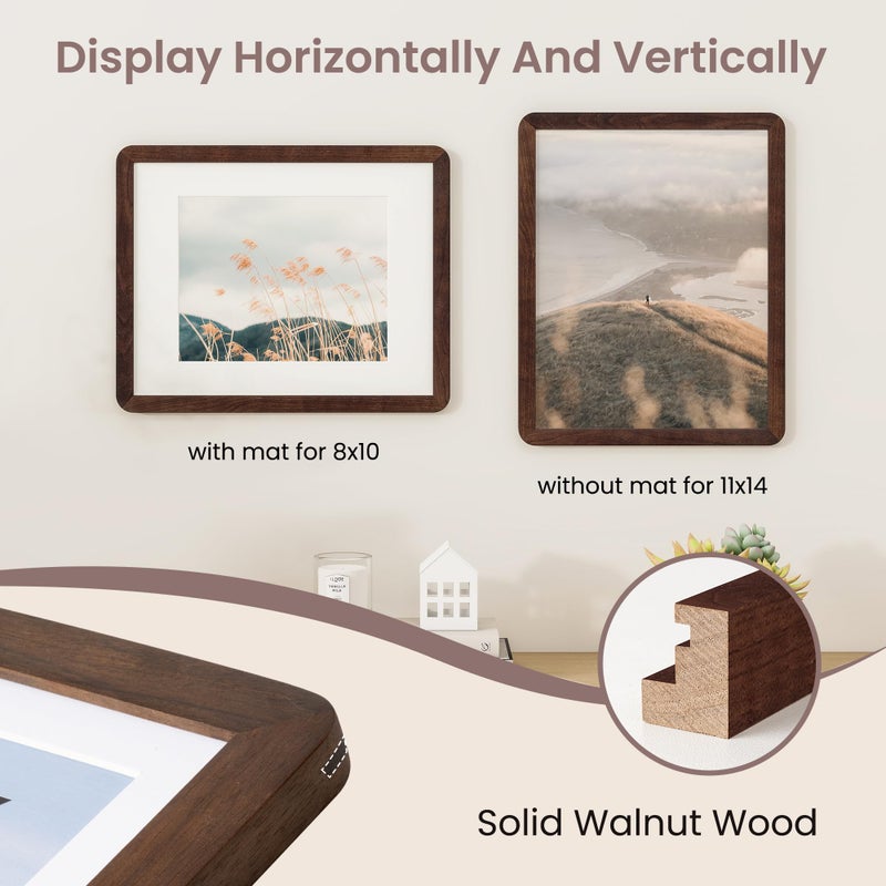 FLYJOE 11x14 Picture Frame - Solid Walnut Wood Frame With Mat For 8x10, 11x14 Poster Frame, Plexiglas and Hanging Hardware Included, 11 By 14 Picture Frame Wood, Natural Walnut - Image 4