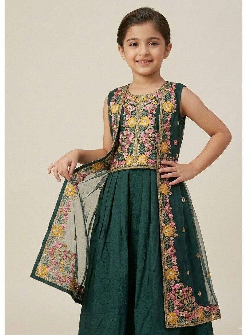 Lucky Kids Emerald Green 4-Piece Floral Embroidered Lehenga Set with Shrug & Shawl - Image 2