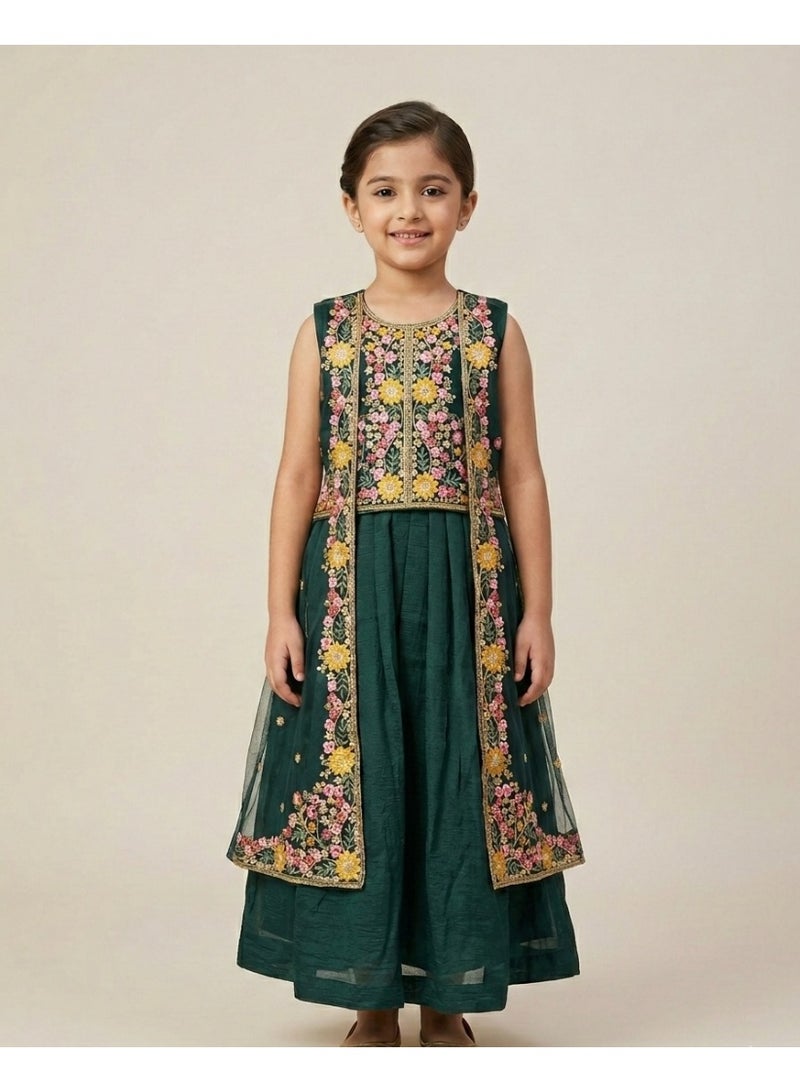 Lucky Kids Emerald Green 4-Piece Floral Embroidered Lehenga Set with Shrug & Shawl - Image 1