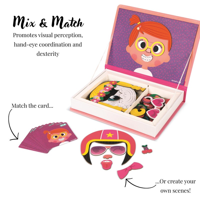 Janod MagnetiBook 66 pc Magnetic Girl Crazy Face Dress Up Game - Ages 3+ - Creative Play - Enhances Creativity and Learning - Includes 55 Magnetic Pieces and 10 Cards - Image 2