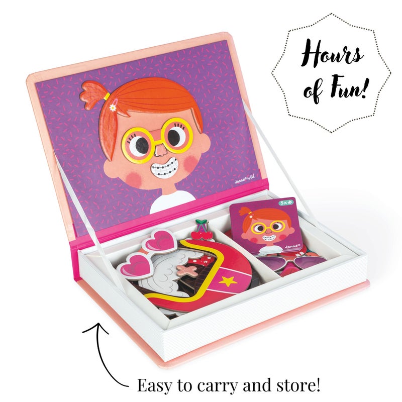 Janod MagnetiBook 66 pc Magnetic Girl Crazy Face Dress Up Game - Ages 3+ - Creative Play - Enhances Creativity and Learning - Includes 55 Magnetic Pieces and 10 Cards - Image 3