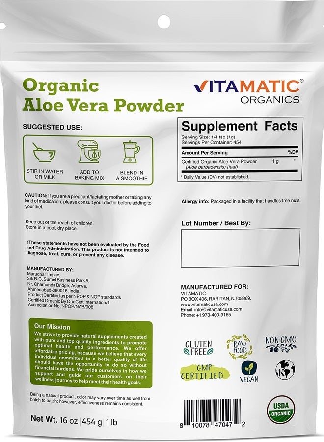 Vitamatic Certified USDA Organic Aloe Vera Powder 1 Pound (16 Ounce)  - Image 2
