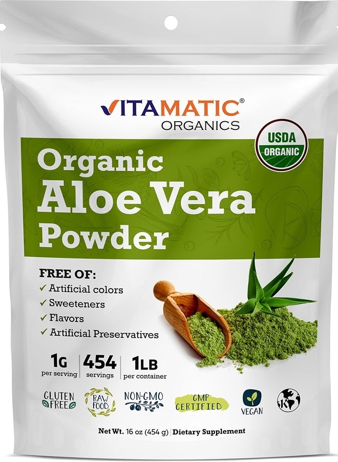 Vitamatic Certified USDA Organic Aloe Vera Powder 1 Pound (16 Ounce)  - Image 1