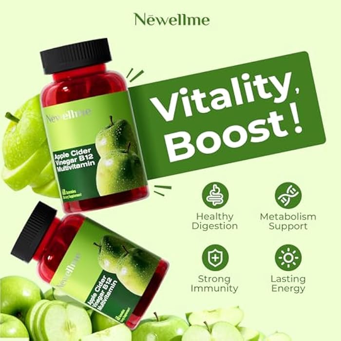 NEWELLME Sugar-Free Apple Cider Vinegar (ACV) Gummies with The Mother & B12, Vegan Organic Vitamin Gummies for Digestion, Energy & Metabolism,Gluten-Free, Multivitamin Support,120 Counts - Image 2