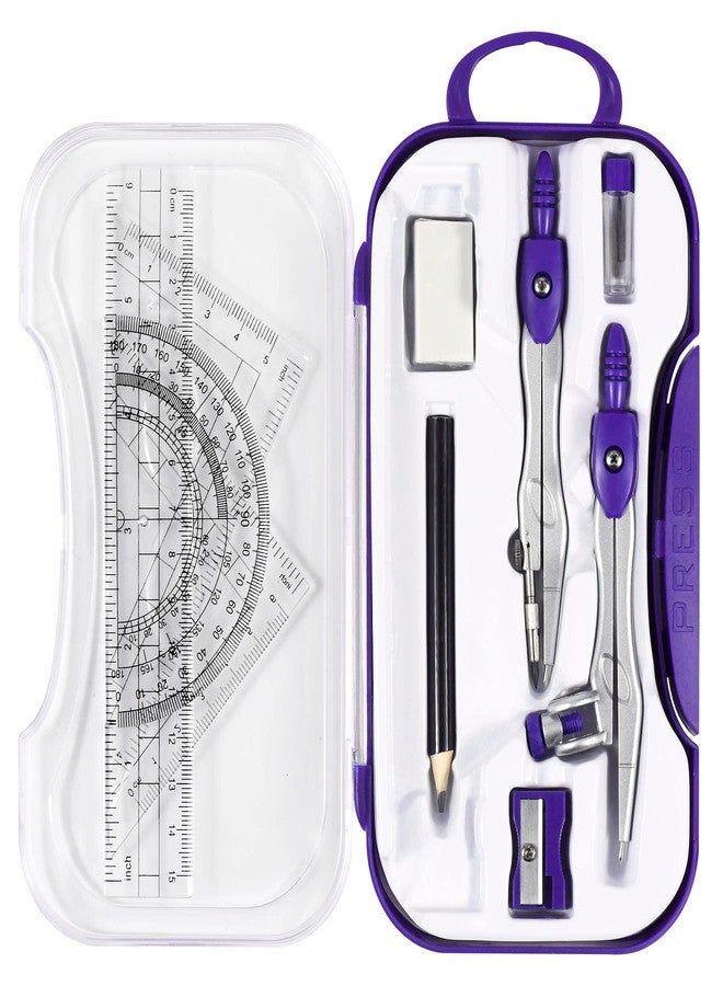 Vobou 10 Pieces Math Geometry Kit Set Student Supplies with Shatterproof Storage Box,Includes Rulers,Protractor,Compass,Eraser,Pencil Sharpener,Lead Refills,Pencil,for School and Drawings（Purple） - Image 1