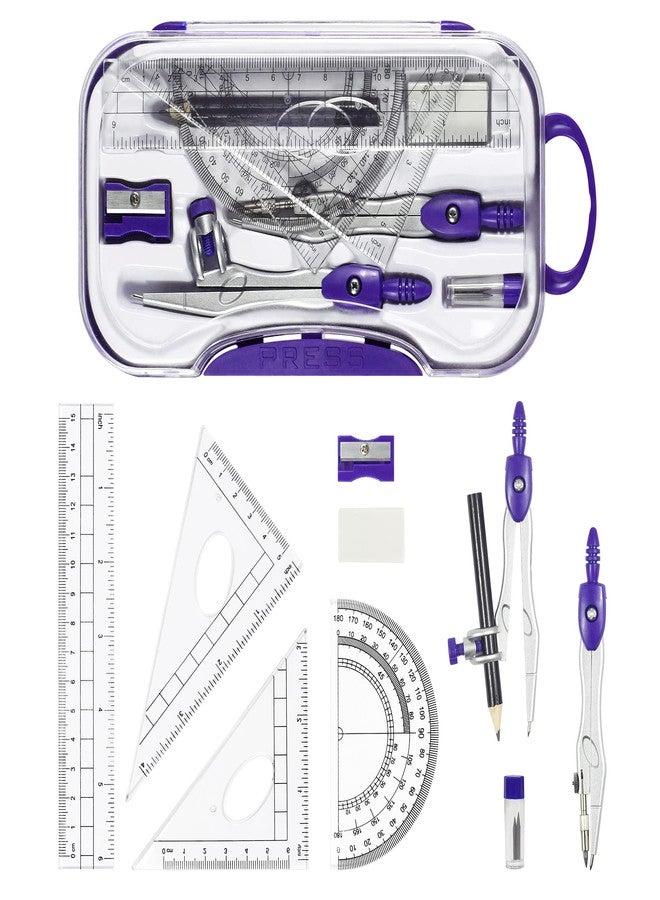 Vobou 10 Pieces Math Geometry Kit Set Student Supplies with Shatterproof Storage Box,Includes Rulers,Protractor,Compass,Eraser,Pencil Sharpener,Lead Refills,Pencil,for School and Drawings（Purple） - Image 2