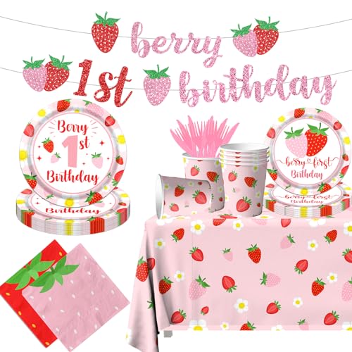 Dydamud Berry First Birthday Decor Strawberry 1st Birthday Decorations for Girls with Plates Napkins Tablecloth Cups Strawberry Party Decorations Serve 20 - Image 1