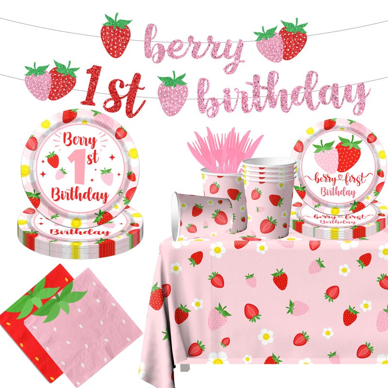 Dydamud Berry First Birthday Decor Strawberry 1st Birthday Decorations for Girls with Plates Napkins Tablecloth Cups Strawberry Party Decorations Serve 20 - Image 2