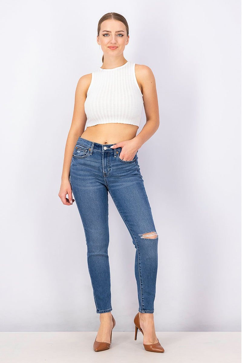 GAP Women Skinny Fit Ankle Cut Rip Jeans, Blue - Image 3