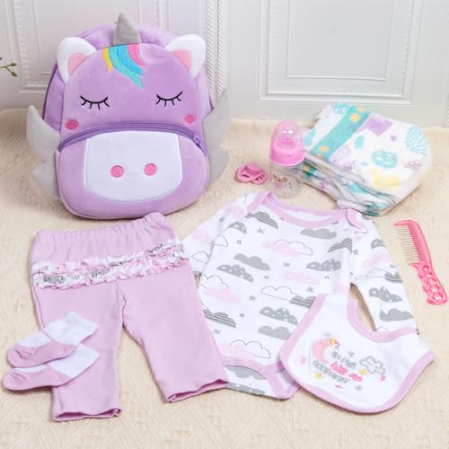 Pedolltree 12 Pcs Reborn Baby Dolls Clothes Girl Outfit Accessories Purple Unicorn Theme Set for 1722 Inch Newborn Baby Girl Reborn Dolls Clothes with Unicorn Backpack - Image 5