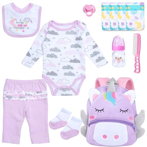 Pedolltree 12 Pcs Reborn Baby Dolls Clothes Girl Outfit Accessories Purple Unicorn Theme Set for 1722 Inch Newborn Baby Girl Reborn Dolls Clothes with Unicorn Backpack - Image 1