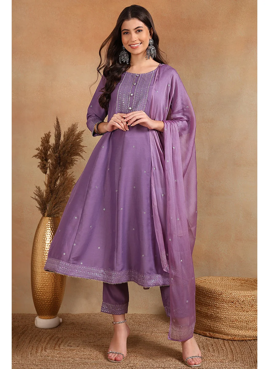 زيري سوق Lavender Silk Blend Anarkali Woven Design Suit Set