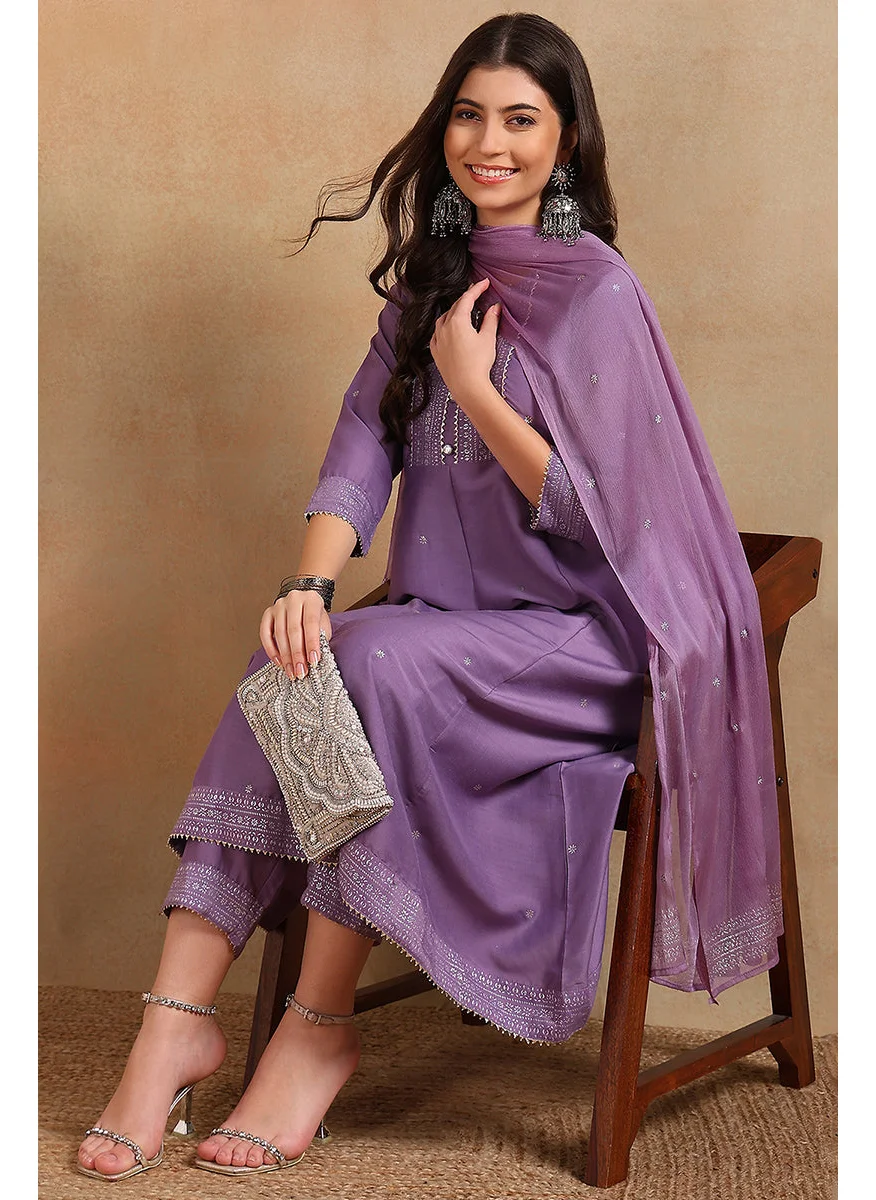 زيري سوق Lavender Silk Blend Anarkali Woven Design Suit Set